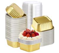 SXCCNW Mini moldes para tartas de pan, 50 piezas con tapa, moldes de aluminio de 150 ml, moldes de aluminio reutilizables para hornear para boda, picnic o cumpleaños, color dorado