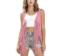 SXHEYUY Chaleco de Gamuza con Flecos para Mujeres, Atuendo Vaquero, Chaquetas Western sin Mangas con Flecos de los 70, Tops Cortos,Rosado,M