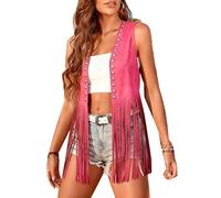 SXHEYUY Chaleco sin Mangas con Flecos para Mujer, Chaqueta de Ante Estilo Vaquera,Rosado,S
