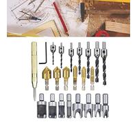 Sxhlseller Juego de Brocas Avellanadoras de 23 Piezas |Acero Inoxidable y Latón, Vástago Hexagonal de 1/4" y Redondo de 3/8" para Carpintería con Cortadores de Tapón Punzón Central