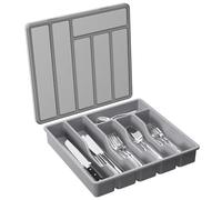Sxmrmnx Organizador de cubiertos con tapa, bandeja de utensilios cubierta para cajón de cocina y encimera, cubiertos de plástico y cubiertos color gris