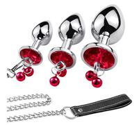 SXOVO 3X Plugs Anales con Cadena Metálica | Pequeño Mediano Grande Butt Plug con Campana y Diamante | Plugs de Diamante en Forma de Corazón para Mujer Hombre Parejas (Rojo)