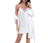 SXQCKJ Conjunto de Bata de Satén con Encaje para Mujer, Pijama Sexy, Camisón de 2 Piezas(L)