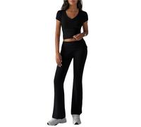 SXQCKJ Conjunto De Dos Piezas Para Mujer Conjunto Casual De Yoga Con Top Corto De Manga Corta Y Cuello En V Y Leggings Acampanados(Black,S)