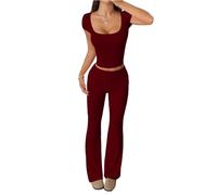 SXQCKJ Conjuntos De Dos Piezas Para Mujer: Conjuntos Casuales De Manga Corta, Cruzados, Con Cuello Cuadrado, Camisetas Y Pantalones Anchos(Wine red,L)