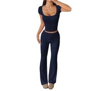 SXQCKJ Conjuntos De Dos Piezas Para Mujer: Conjuntos Casuales De Manga Corta, Cruzados, Con Cuello Cuadrado, Camisetas Y Pantalones Anchos(Navy blue,L)