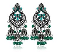 SXSWCH Boho Chandellier Jhumka Declaración Dangle Pendientes para mujeres Vintage Gran bola de flores Tassel Drop Changling Parring Indian Bollywood Joya Festival de vacaciones Navidad