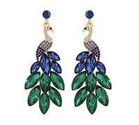 SXSWCH Peacock vintage Pendientes colgantes para mujeres 14k Gold Green Crystal Feather Declaración Drop Changling Stud Earring Boho Exagerados Regalos de joyas de vacaciones de cumpleaños