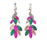 SXSWCH Peacock vintage Pendientes colgantes para mujeres 14k Gold Green Crystal Feather Declaración Drop Changling Stud Earring Boho Exagerados Regalos de joyas de vacaciones de cumpleaños