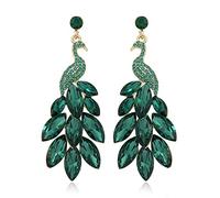 SXSWCH Peacock vintage Pendientes colgantes para mujeres 14k Gold Green Crystal Feather Declaración Drop Changling Stud Earring Boho Exagerados Regalos de joyas de vacaciones de cumpleaños
