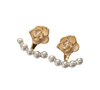 SXSWCH Pendientes de tachuelas de camelia de esmalte vintage francés, acentos de perlas chapadas en oro, diseño de colgación moderna única, elegante elegante en blanco/negro para diarias, fiestas,
