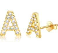 SXSWCH S925 Pendientes hipoalergénicos de espalda plana para mujeres | Pendientes de letras de oro/oro blanco de 14k con circonio | Joyas de trago delicadas para todos los días, bodas y regalos (AZ)