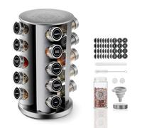 SXTIHD Estante giratorio de acero inoxidable para especias con 20 tarros redondos de 100 ml, etiquetas
