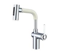 SXWYLZ Grifo de Baño Extraible, Grifos Fregadero de Giratorio 360°, Grifo Elevable, Grifos de Lavabo de 3 Modos, Manija Única, Agua Fría y Caliente,Cromo+Blanco