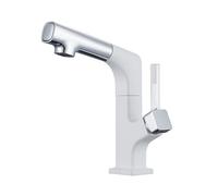 SXWYLZ Grifo Lavabo Extraible, Grifos Lavabos Baño de 2 Modos, Grifo Fregadero Giratorio de Elevación Hacia Arriba y Hacia Abajo, Manija Única, Agua Fría y Caliente, Aleación de Latón,Blanco + Cromo