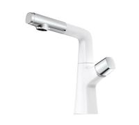 SXWYLZ Grifo Mezclador para Lavabo, Grifo de Lavabo Giratorio de Elevación Hacia Arriba y Hacia Abajo, Grifos Baño Extraible con 2 Modos, Monomando, Agua Fría y Caliente,Blanco + Cromo