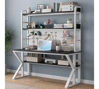 SXZenSpace Escritorio Moderno para computadora con estantes de Almacenamiento, Tablero Perforado y construcción de Madera Maciza. Mesa de Trabajo Grande para Oficina en casa. Blanco y Negro.