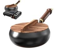 syayw Sartén De Hierro Con Tapa De Madera - 24cm Ollas Antiadherentes | Sartén Japonesa Forjada A Mano Antiadherente | Wook Chino Plano Con Tapa Y Espátula Para Hogar, Restaurante, Camping