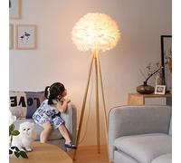 SYCARPET Lámpara de pie - Lámpara de pie con Pantalla de Plumas Blancas, trípode de Madera para dormitorios/salón/Comedor/Cocina
