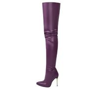 Syd Barrett - VAVENI Botas de rodilla y tacones de pintura a la parrilla para mujeres sensuales y ajustadas, aumentan su altura en 11 centímetros