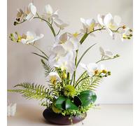 SYDDOL - Flores artificiales de orquídea blanca de 50 cm en maceta, ramo alto de Phalaenopsis con maceta de cerámica que se ve real para centro de mesa interior, decoración del hogar (flor blanca +