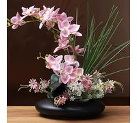 SYDDOL - Orquídea artificial de 17 pulgadas en maceta, orquídea decorativa zen, bonsái de tacto real, flores artificiales de orquídea con maceta de cerámica para centros de mesa para el hogar (maceta