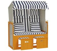 SYDE Strandkorb Silla de Playa con Cojines, Madera y Ratán Sintético | Toldo Solar, Respaldo Ajustable 3 Posiciones, Reposapiés Extensible, Ideal Jardín y Terraza