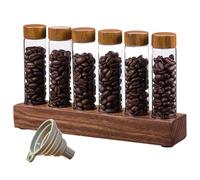 Syglawnd Almacenamiento de granos de café de dosis única, bodegas de tubos de granos de café, 6 tubos de almacenamiento de dosis única con soporte de madera y embudo de vidrio sellado hermético