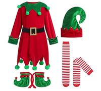 Syglawnd Disfraz de elfo, disfraz de elfo para niños lindo Navidad con zapatillas de sombrero de vestir calcetines a rayas de 5 a 6 años