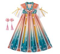 Syglawnd Vestido Chino Para Niñas, Vestido Tradicional Chino Con Bordados Y Estampados Florales + Pasador Para El Cabello A Juego, Azul Champán, 140cm, Mulan Para Niñas