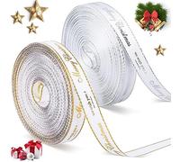 Syhood 2 Rollos Cintas de Merry Christmas 10 mm X 9 m de Cada uno Cinta de Raso Navideña Envolver de Navidad de Grogrén para Decoración Fiesta Recuerdos Manualidad(Estilo sencillo,Plata, Oro)