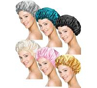 Syhood 6 gorros de dormir de satén, gorro de dormir suave y elástico para mujer (negro, beige, plateado, dorado, rosa, azul pavo real, grande)