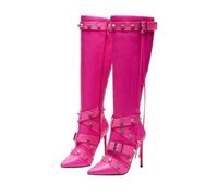 SYJYM - Botas largas con remache puntiagudo para otoño e invierno con tacones de aguja y tacones ultra altos, con cremallera lateral, botas largas para mujer, Pink, 40 2/3 EU