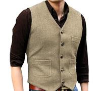 SYJYM - Traje formal para hombre, cuello en V, tweed, estilo casual, chaleco formal de negocios, padrino de boda, verde/negro/marrón, 013., XS