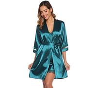 Sykooria Bata Kimono Mujer, 2 Piezas Seda Satén Corto Kimono Bata Pijama Vestido de Encaje Conjunto de Lencería Albornoz Vestido de Dama de Honor de Camisón