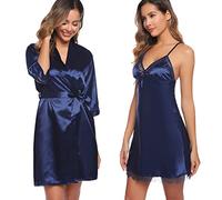 Sykooria Bata Kimono Mujer, 2 Piezas Seda Satén Corto Kimono Bata Pijama Vestido de Encaje Conjunto de Lencería Albornoz Vestido de Dama de Honor de Camisón