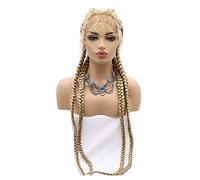 Sylvia Peluca de cabello sintético con cuatro trenzas de color rubio dorado brillante de 24 pulgadas con pelo de bebé, peluca sintética de fibra resistente al calor para mujer