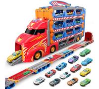 SYNCFUN Transport Race Truck Toy Cars, 2,4 metros gigante pista de carreras portador camión juguete, plegable 3 capas con 12 coches, luces y sonidos, regalo para 3, 4, 5, 6, 7 años, niños