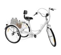 SYNCMH Triciclo para adultos, 24 pulgadas, plegable, 7 velocidades, 3 ruedas, con cesta, luz frontal LED, soporte para bebidas y reflectores, para adultos y mayores, color blanco