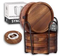 Synctos Posavasos de Madera - Set de 8 en Acacia Natural con Soporte de Metal y Abrebotellas Magnético Vasos y Tazas, diseño Redondo de Madera Elegante y Funcional.