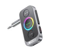 Syncwire Adaptador Aux Bluetooth 5.4 para Coche Receptor Auxiliar 3,5 mm Audio Inalámbrico para Estéreo Doméstico, Auriculares, Llamada Manos Libres, Batería 22H, Graves Profundos, Luz Colorida, Plata