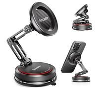 SYNCWIRE Soporte para Coche MagSafe [Diseño Plegable Doble de 3 Ejes], Soporte de Teléfono con Ventosa Fuerte, Rotación de 360°, Compatible con iPhone Series 12-17 y Fundas MagSafe, Fibra de Carbono