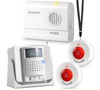 SYNLETT Buscapersonas Inalámbrico con 2 Pulsadores SOS 1 Sensor de Movimiento y 1 Pager Portátil Sistema de Alarma para Cuidadores Ancianos Teleasistencia Caídas Emergencias