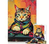 Synthwave Cool DJ Cat - Neon Beats ﹨u Pixel Paws Rompecabezas de 1000 Piezas para Adultos Mejora la Memoria Tiempo cálido Ensamblaje de imágenes Pieza de Bellas Artes 50x75cm