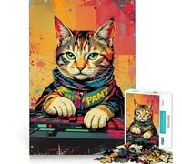 Synthwave Cool DJ Cat - Neon Beats ﹨u Pixel Paws Rompecabezas de 1000 Piezas para Adultos Mejora la Memoria Tiempo cálido Ensamblaje de imágenes Pieza de Bellas Artes 50x75cm