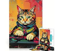 Synthwave Cool DJ Cat - Neon Beats ﹨u Pixel Paws Rompecabezas de 1000 Piezas para Adultos Rompecabezas Memory Lift Lento Disfruta del Montaje de la Imagen Regalo Creativo 38x52cm