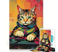 Synthwave Cool DJ Cat - Neon Beats ﹨u Pixel Paws Rompecabezas de 1000 Piezas para Adultos Think Smart Toy Juego de Interior Corte preciso Regalo Encantador 38x26cm