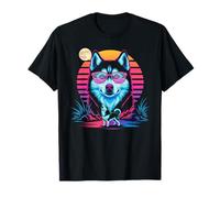 Synthwave Siberian Husky Aullando A La Luna Camiseta