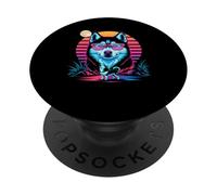 Synthwave Siberian Husky Aullando A La Luna PopSockets PopGrip Adhesivo