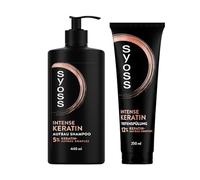 Syoss Champú de queratina (1 x 440 ml) para cabello débil y quebradizo, alisa la fibra capilar y acondicionador profundo de queratina (1 x 250 ml) rico acondicionador con queratina combate el